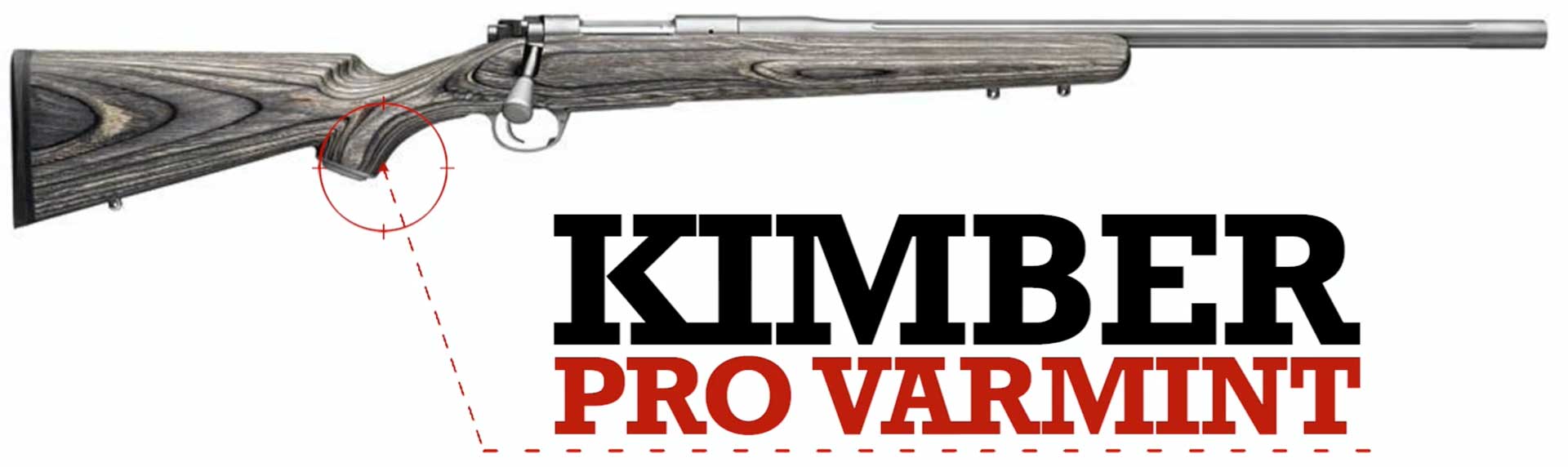 right side bolt-action rifle gray wood silver metal steel stainless text on image noting Kimber Pro Varmint