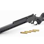 Dynamic angle of new Marlin 1895 Dark Series lever-action rifle shown with `bullets brass on white black gun tactical