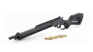 Dynamic angle of new Marlin 1895 Dark Series lever-action rifle shown with `bullets brass on white black gun tactical