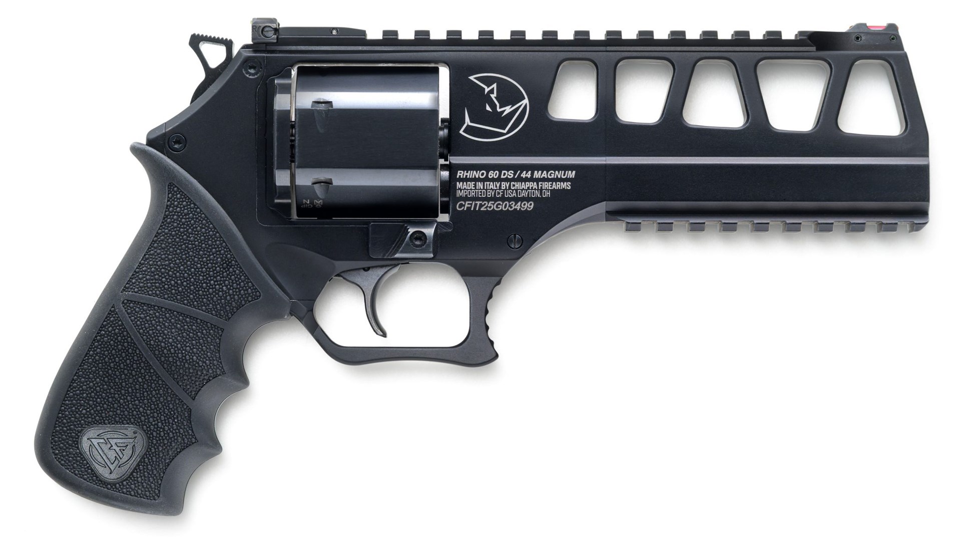 Right side of the all-black Chiappa Rhino 60DS revolver.