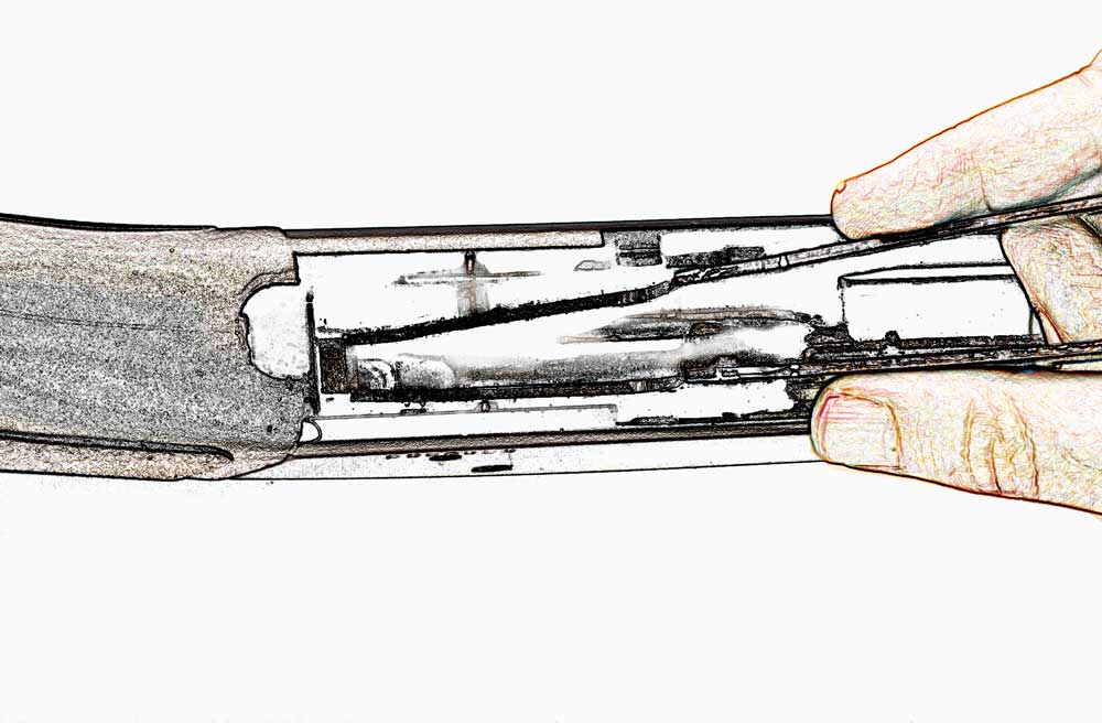 drawing gun shotgun parts disassembly fingers hand cartoonized