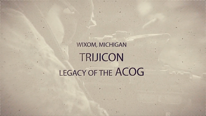 Title screen for video that says, &quot;American Rifleman, Trijicon: Legacy of the ACOG&quot;