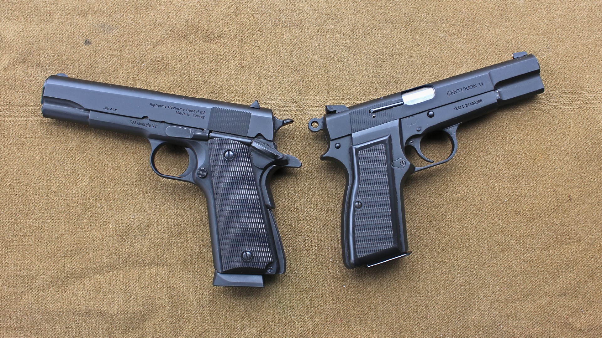 Century Arms Centurion 11 and Centurion 14 pistols opposing view black guns