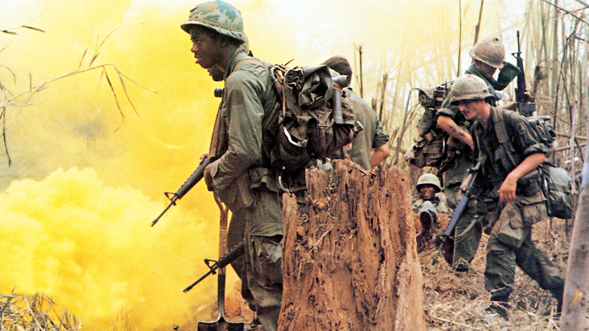 men soldiers war yellow smoke rifles m16 jungle