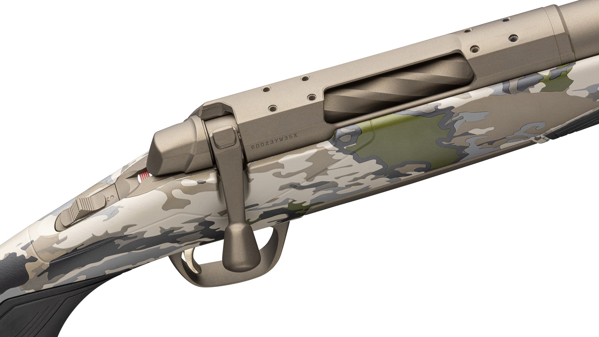 Browning X-Bolt 2 Speed SPR rifle closeup receiver burnt bronze cerakote color bolt-action optic threaded holes ovix camouflage white studio background