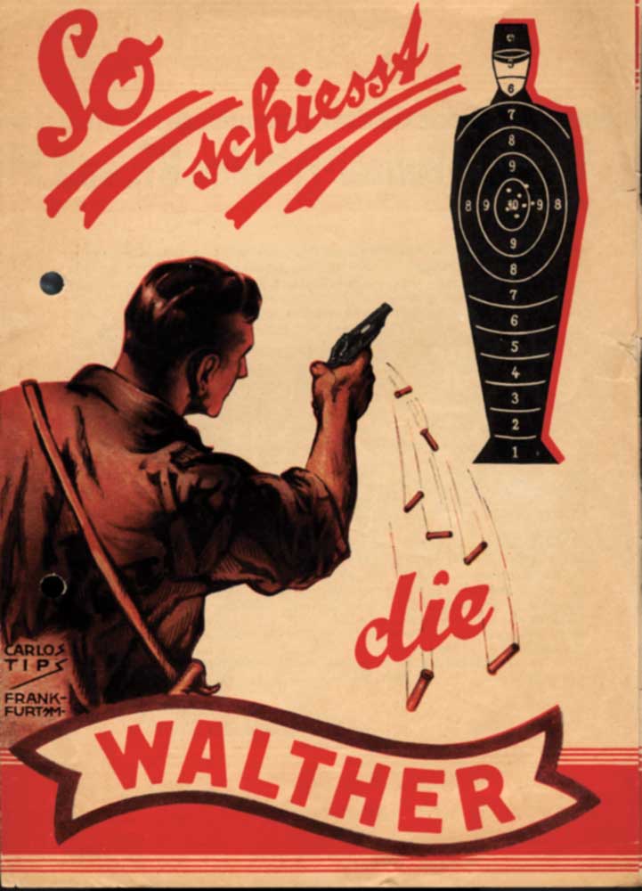 German gun pistol Walther art brochure man drawing target shooting
