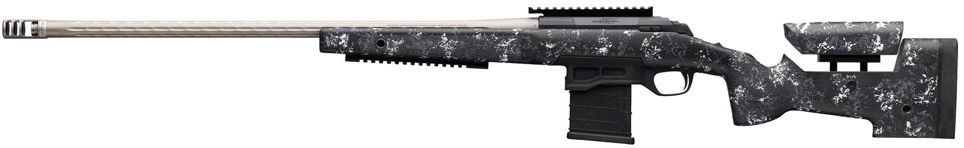 Browning X-Bolt Target Pro McMillan bolt-action rifle left-side view camouflage dark silver stainless steel barrel blued receiver