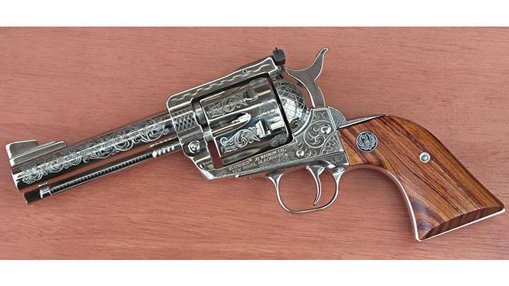 The Ruger Blackhawk revolver after being refinished and laser engraved.