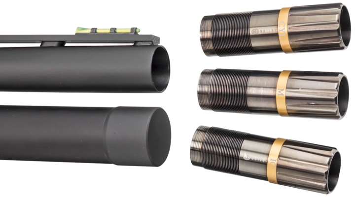 Barrel, magazine tube and three Briley extended choke tubes shown on white background.