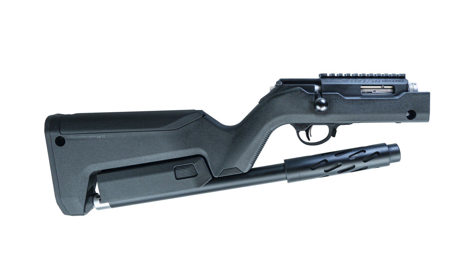 Right side of the Tactical Solutions Owyhee Magnum SBX in its takedown configuration.