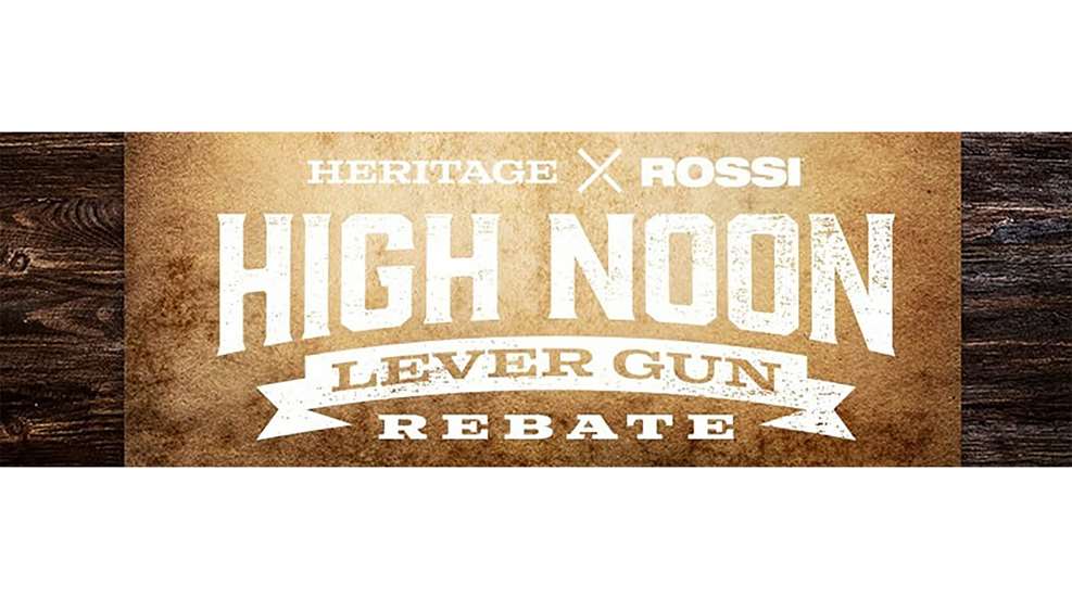 TEXT ON IMAGE HERITAGE ROSSI HIGH NOON LEVER GUN REBATE logo overlay wood background