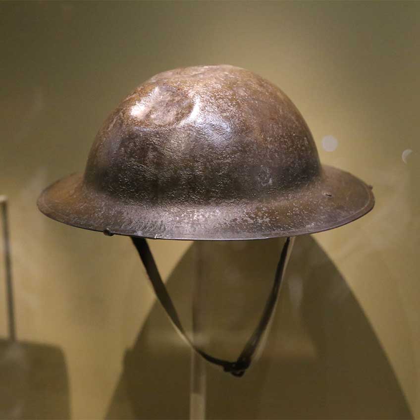Green steel helmet worn by Sgt. Alvin York in World War I.