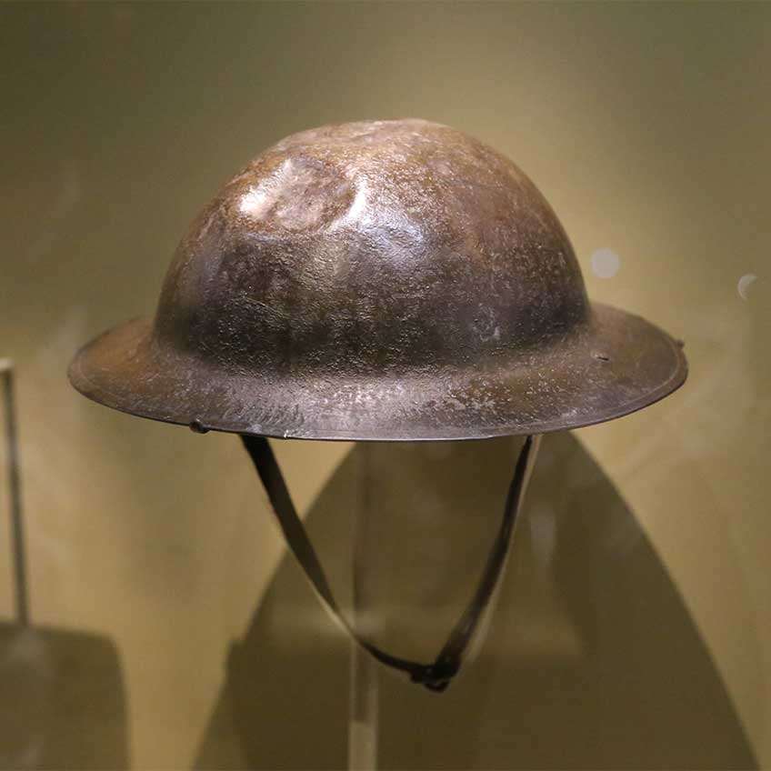 Green steel helmet worn by Sgt. Alvin York in World War I.