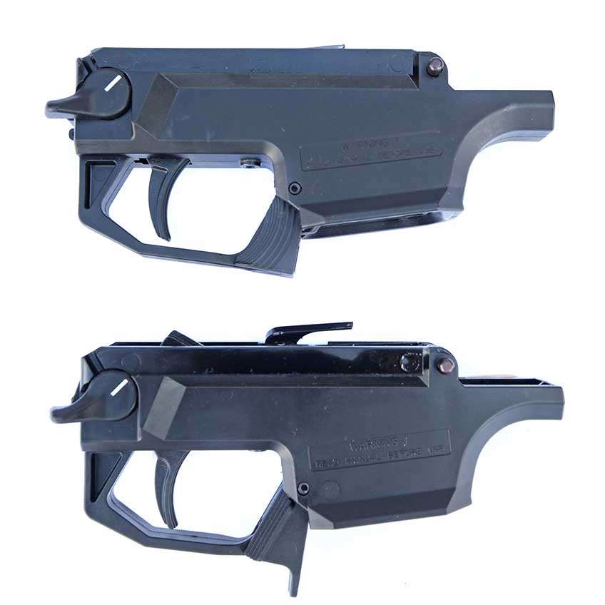 The Magpul MOE-EVO Enhanced Magazine Release supplied on the CZ Scorpion carbine, Magpul Edition, shown on the bottom, extends about a half-inch further than the standard mag release, shown on the top, for easier operation. This part is available as an accessory from Magpul.