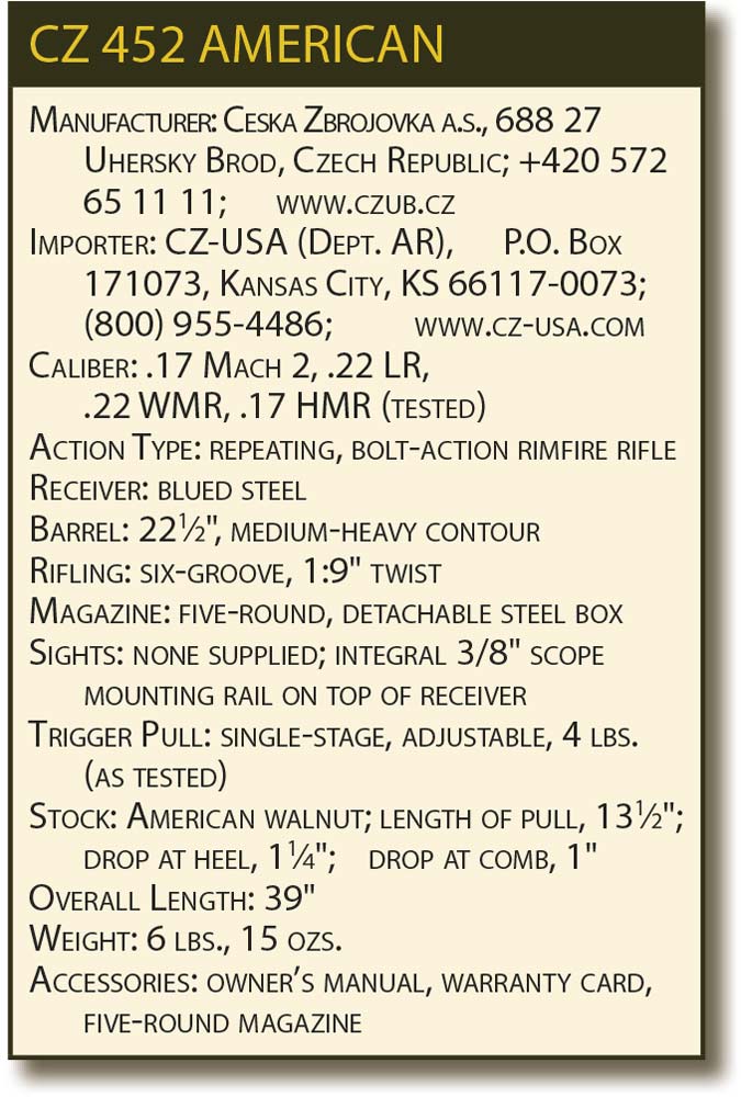 specification table for cz 452 bolt-action rimfire rifle