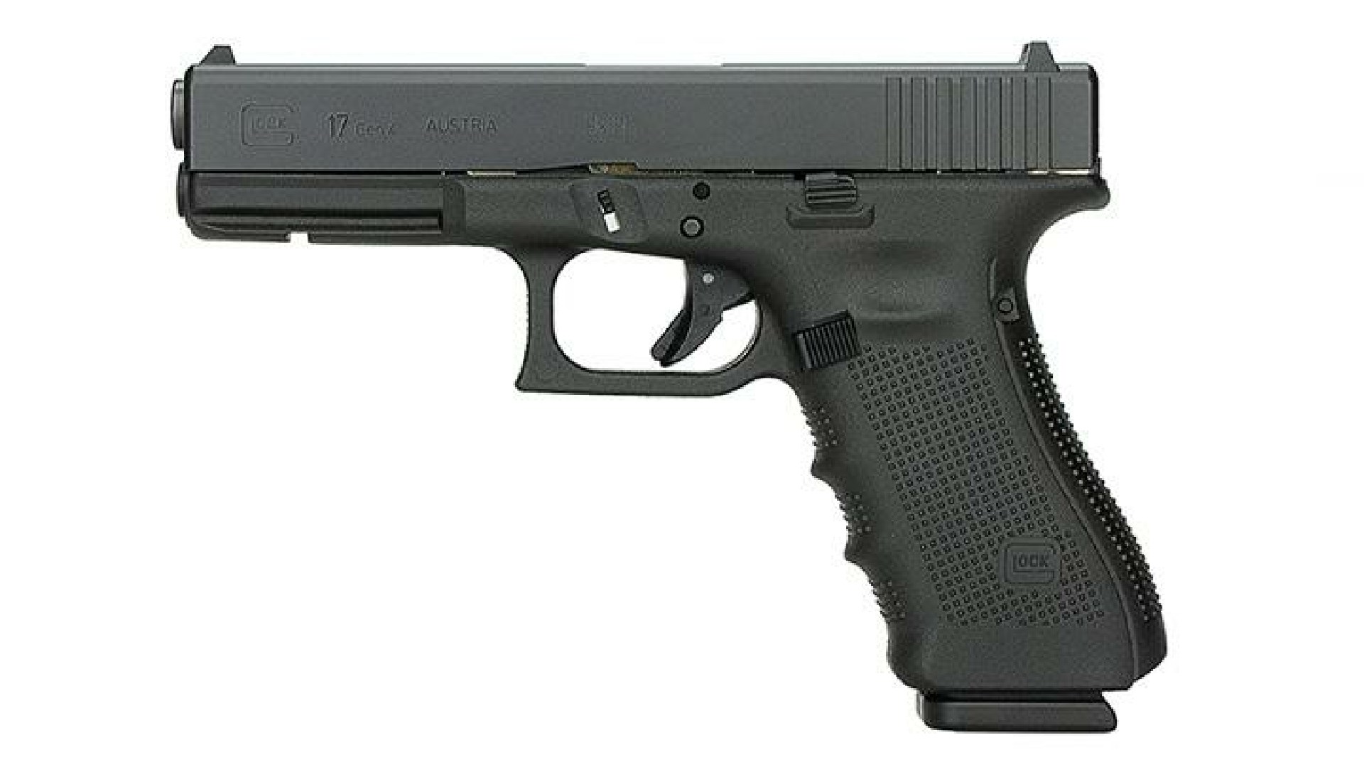 Glock G17 Gen 4 black pistol left-side view on white backgorund