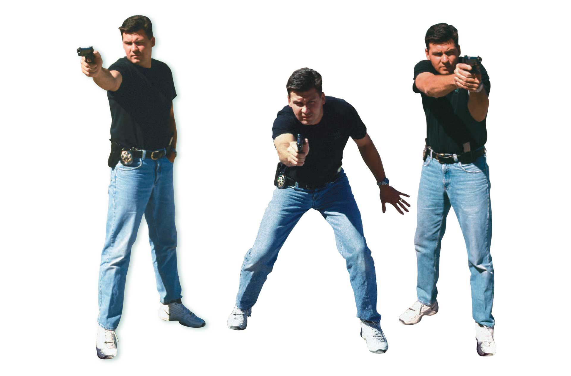 Three men side by side showing shooting stances handgun pistol