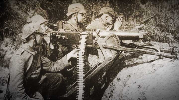 A German crew manning a MG 08 machine gun in a defensive position.