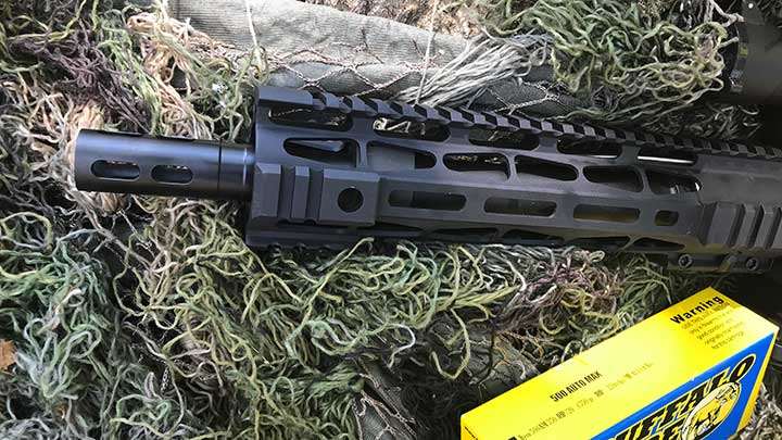 The Big Horn Armory AR500 muzzle brake does a nice job of taming, also note the free-floating handguard.