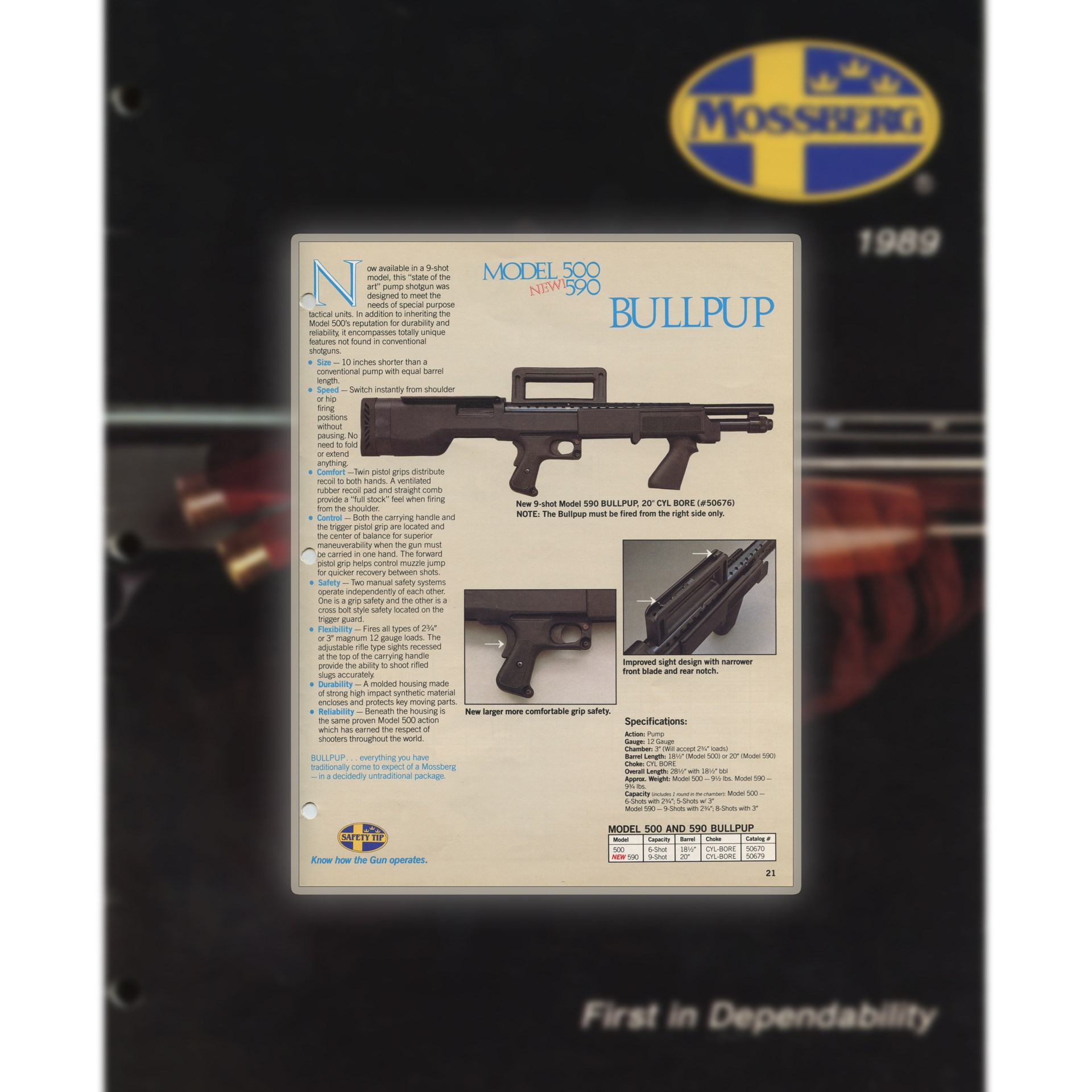 1989 Mossberg catalog cover with Model 500 and Model 590 Bullpup shotguns