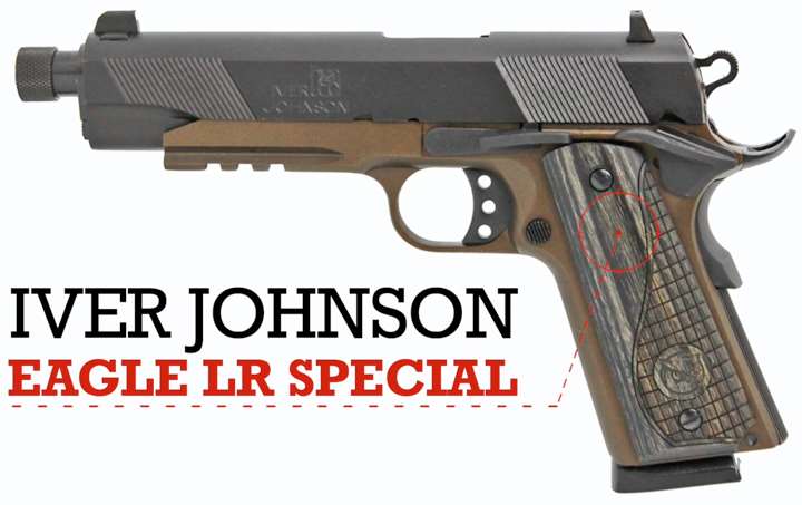 Left-side view of Iver Johnson Eagle LR Special pistol on white background with text on image notating make and model.