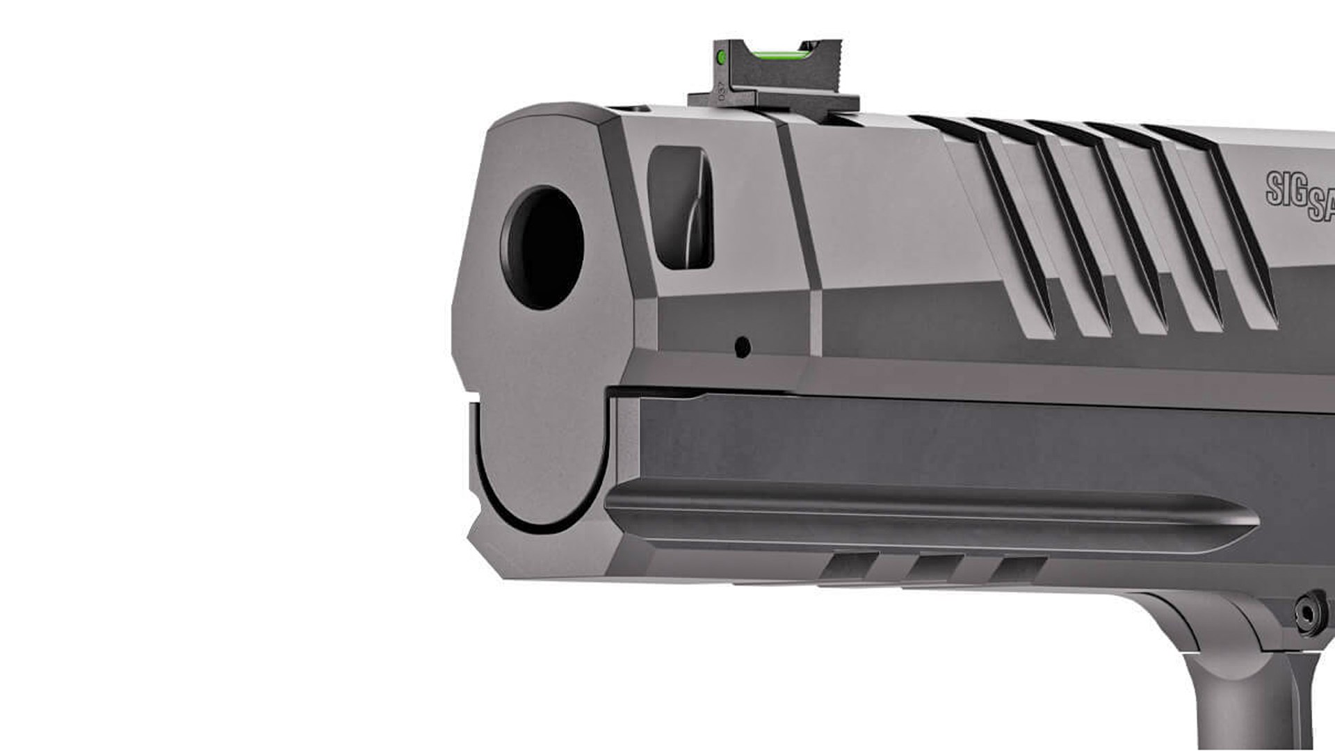 Close up view of the SIG Sauer P211-GTO integral 3D-printed compensator.