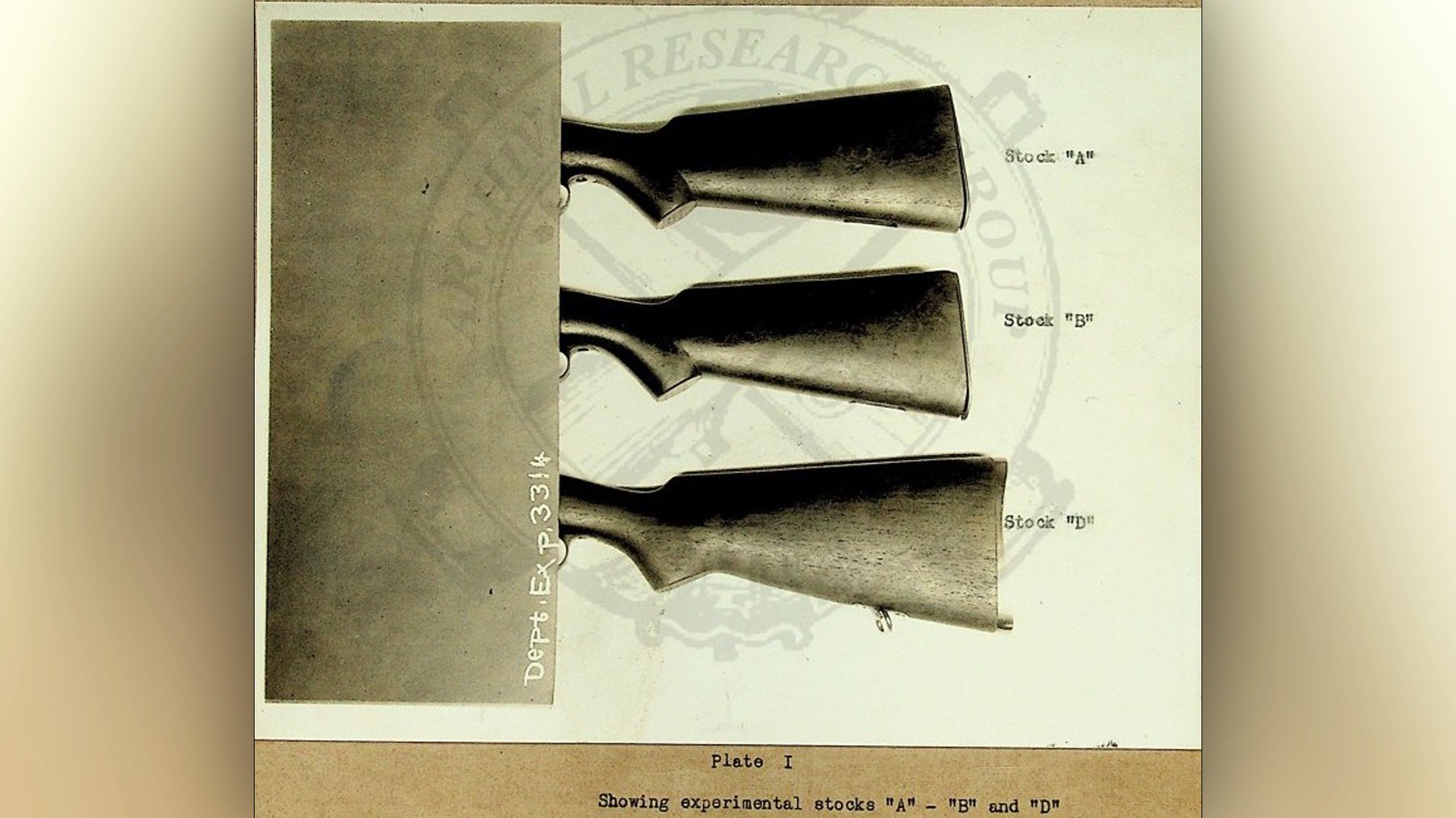 The three experimental pistol gripped stocks. Type A made from a M1917 blank, Type B made from a M1903 blank, and Type D - a Model 1922 stock featuring the curved but-late found on NRA sporter rifles.