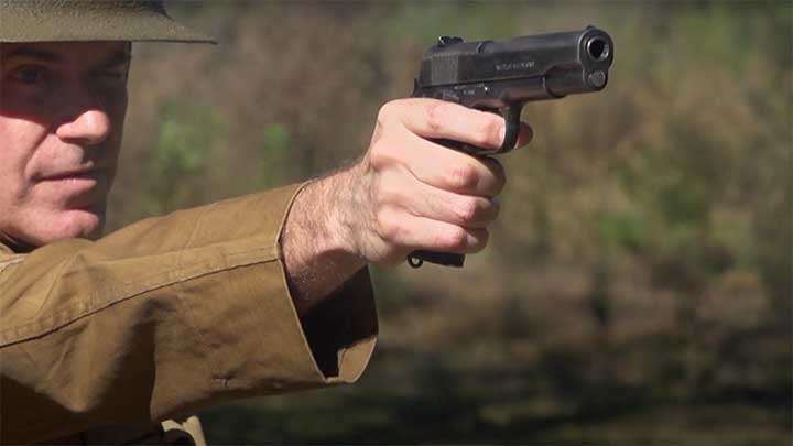 Alvin York used a M1911 .45 ACP sidearm, as depicted here, to knock off the Germans charging him.