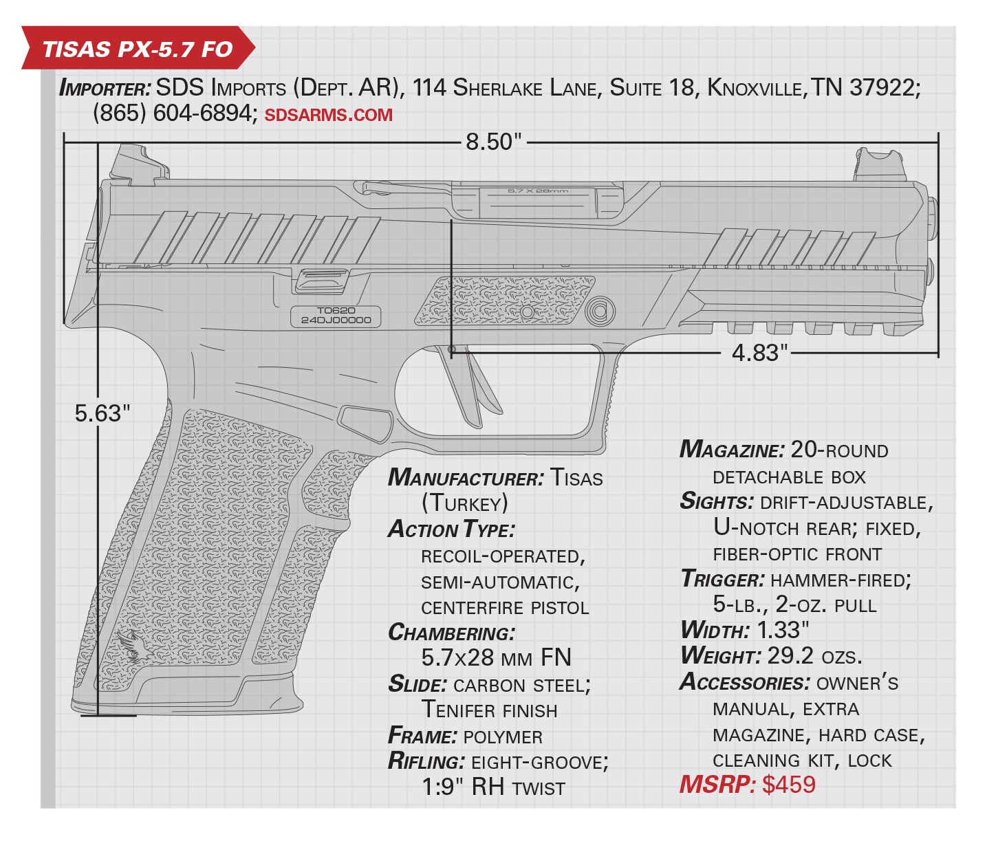 Tisas PX-5.7 FO specification table box drawing callouts