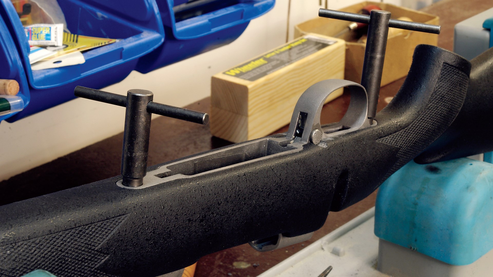 upsidedown rifle stock workshop vice action bedding process disassembly and re-assembly
