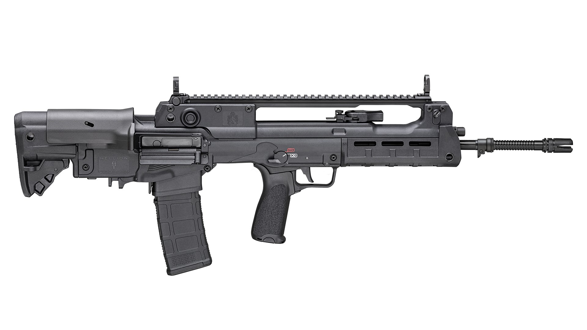 Right side of the Springfield Hellion bullpup rifle shown on white.