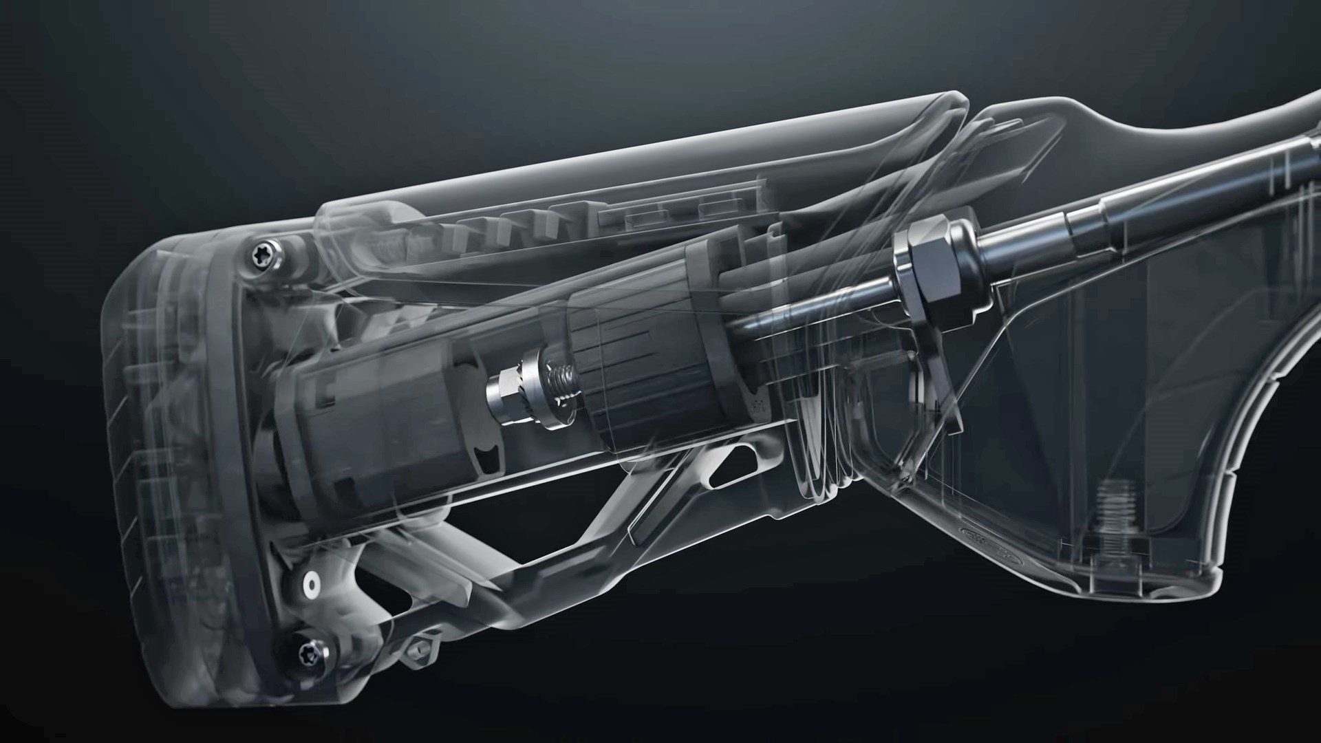3D rendering of the recoil-reduction mechanism inside the Beretta AX800 Suprema's buttstock.