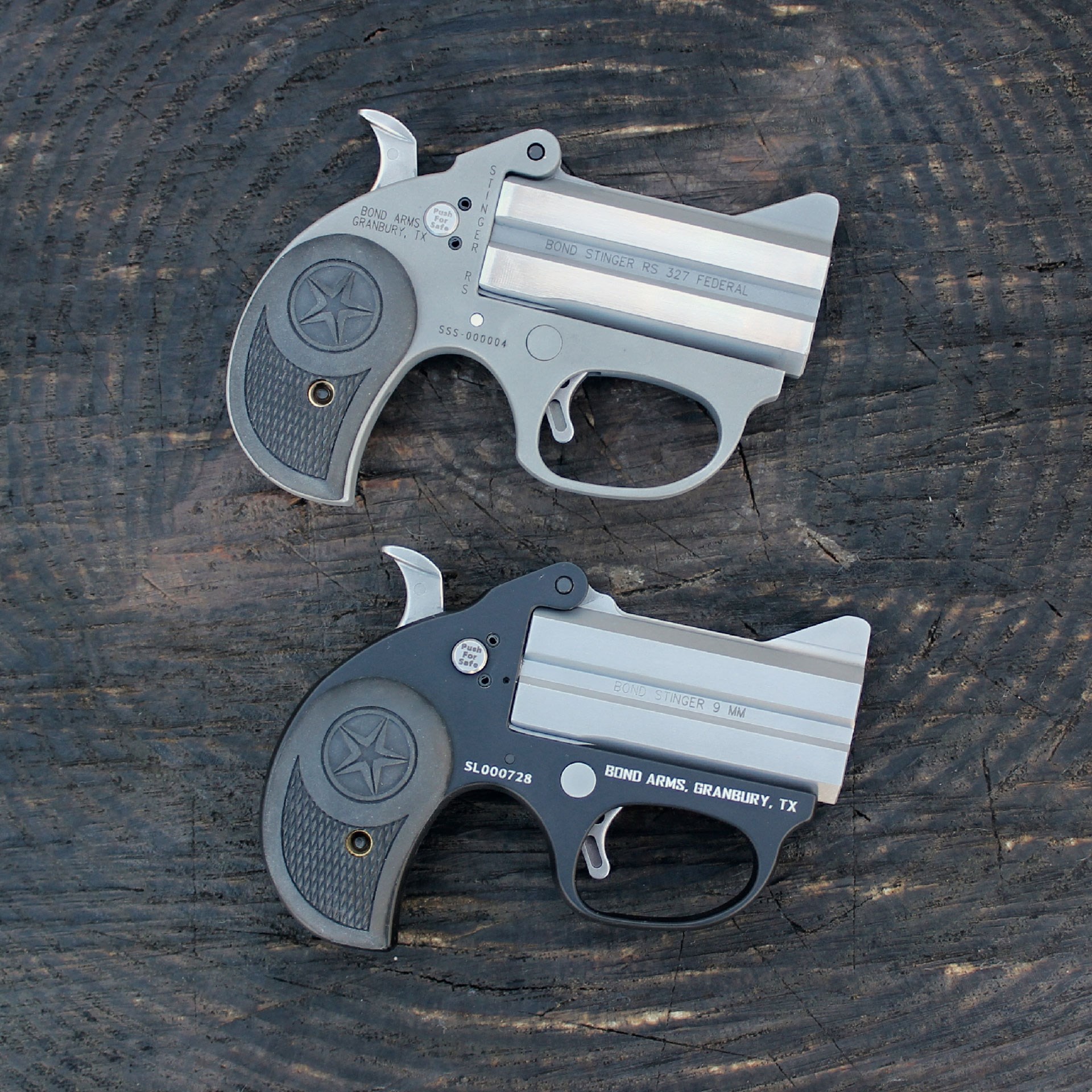 stainless steel bond arms singer derringers on wood log
