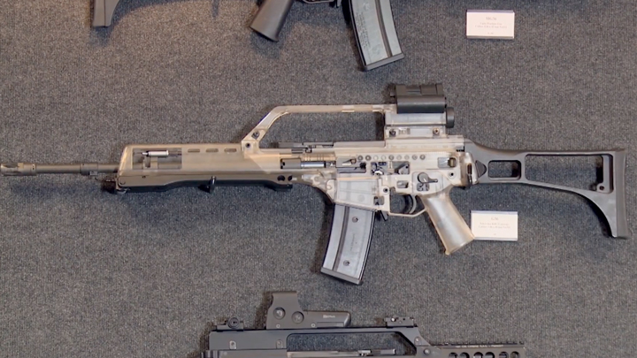 G36 rifle made of clear plastic to view internal mechanisms.