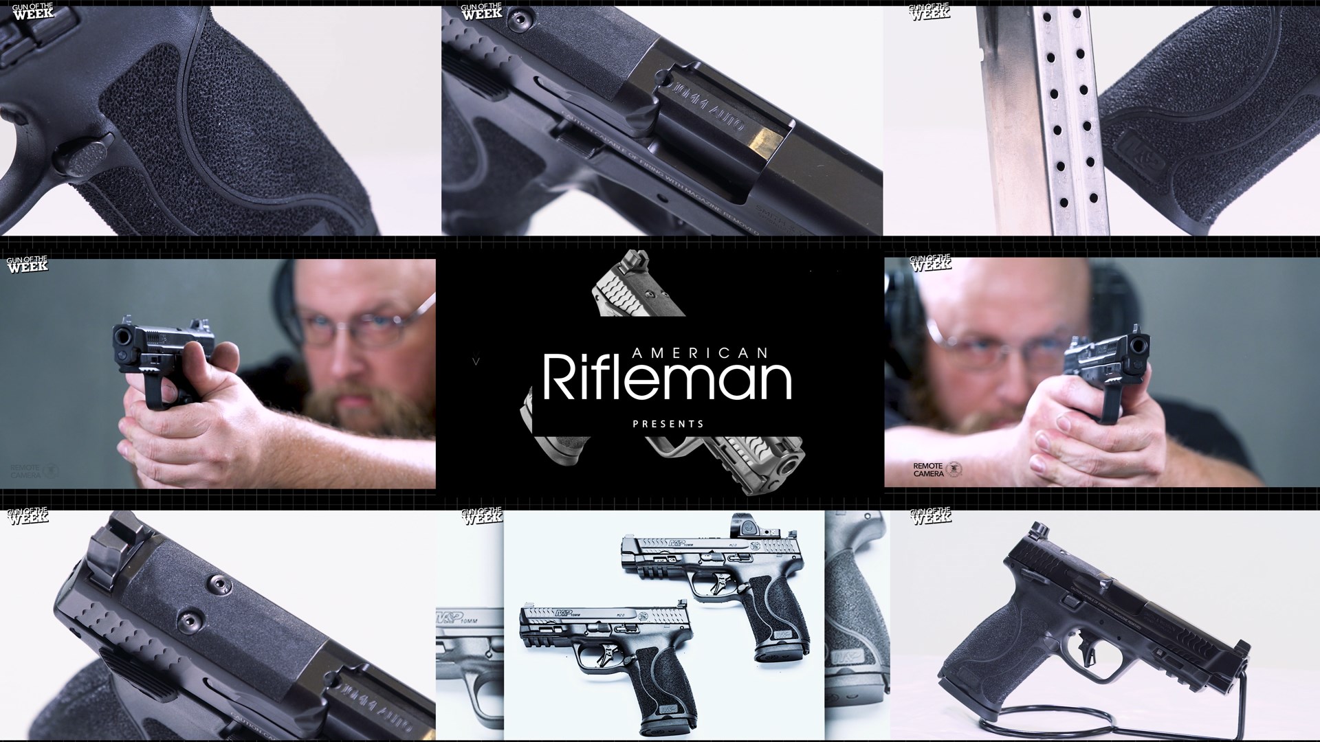 mosaic tiles images stack rows columns black gun smith&wesson m&p 2.0 10mm auto handgun optic-ready pistol man shooting indoors detail photography lineup