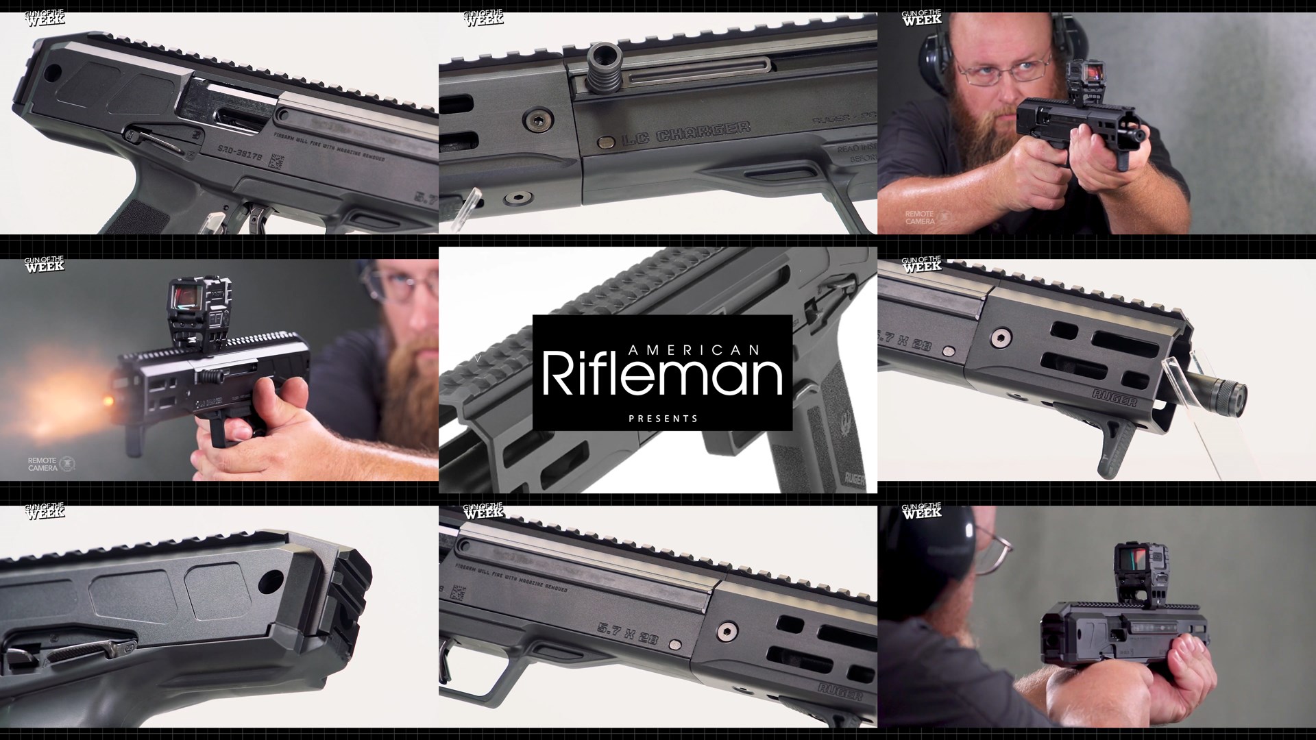 TEXT ON IMAGE "AMERICAN RIFLEMAN PRESENTS" shown with man shooting Ruger LC Charger pistol 9 images arrangement tiles mosaic