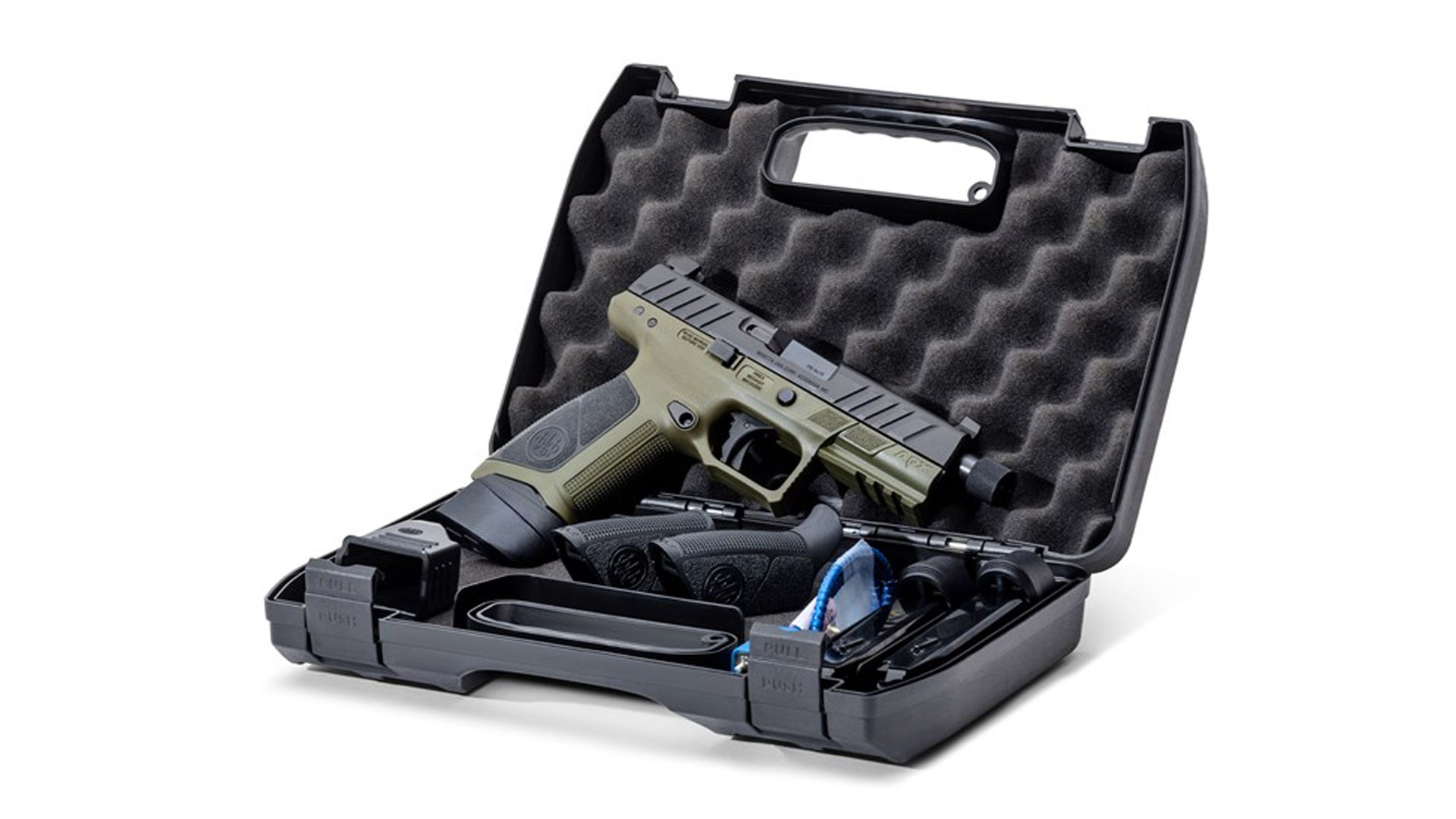 The Beretta APX A1 Tactical sitting inside a black, plastic carrying case, along with spare magazine and interchangeable black backstraps.