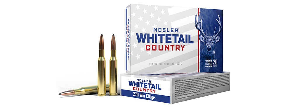 Nosler Whitetail Country Ammunition boxes shown with brass cartridges on left side
