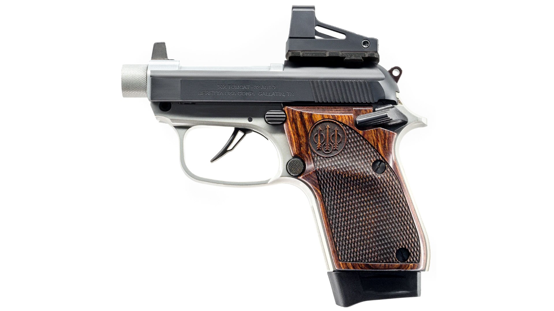 A Beretta 30X with a mounted red-dot sight.