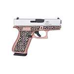 Right-side view Davidson's Exclusive Galleryofguns.com pistol Glock G43X "The Rose" handgun rose-gold color stainless steel engraving floral pattern