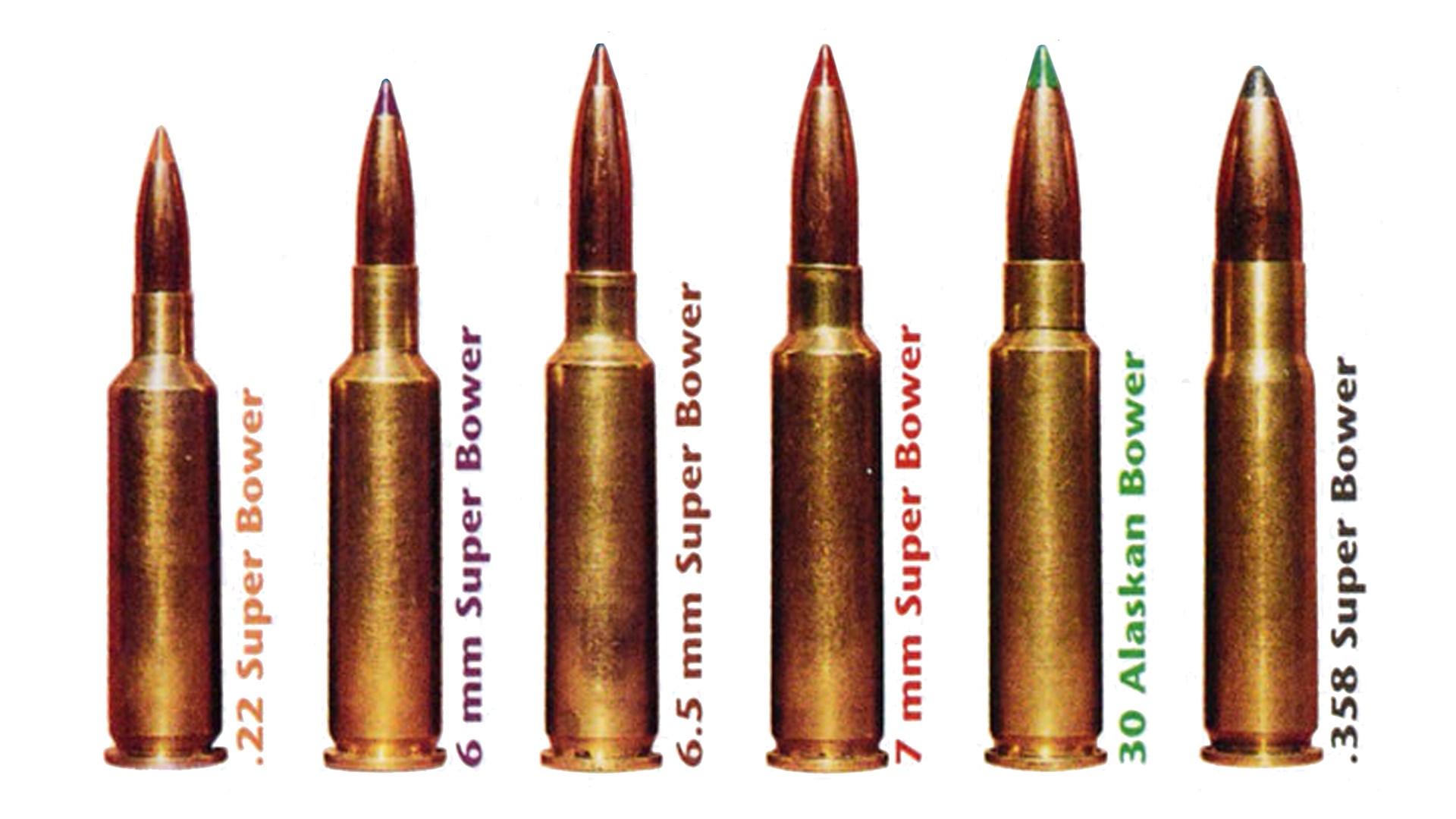 Don Bower Wildcat cartridges picket fenct left to right: .22 Super Bower, 6 mm Super Bower, 6.5 mm Super Bower, 7 mm Super Bower, 30 Alaskan Bower, .358 Super Bower