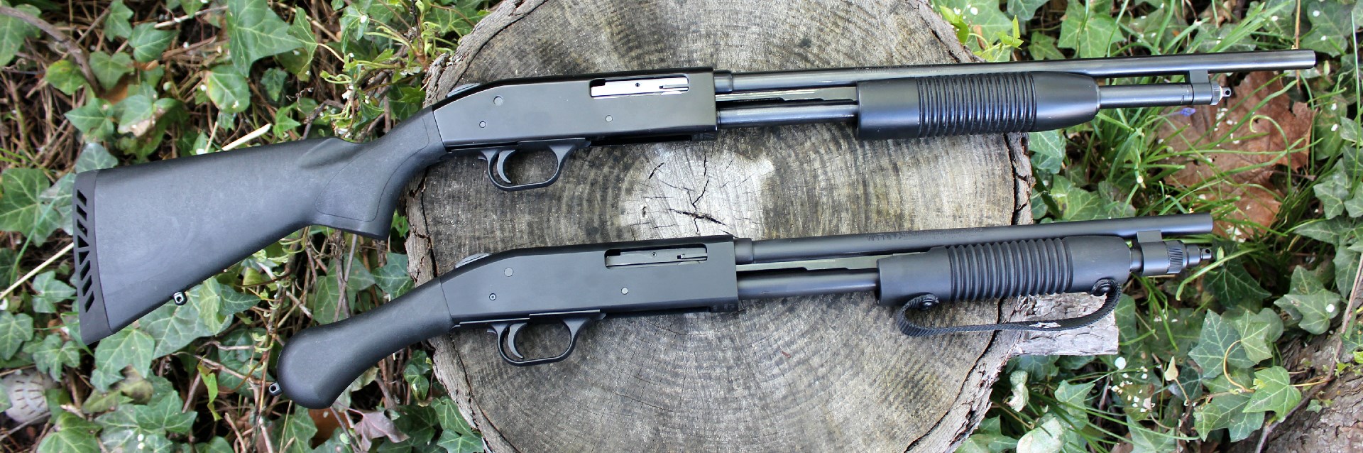 two mossberg guns shown on a log .410 bore shockwave pump action scattergun