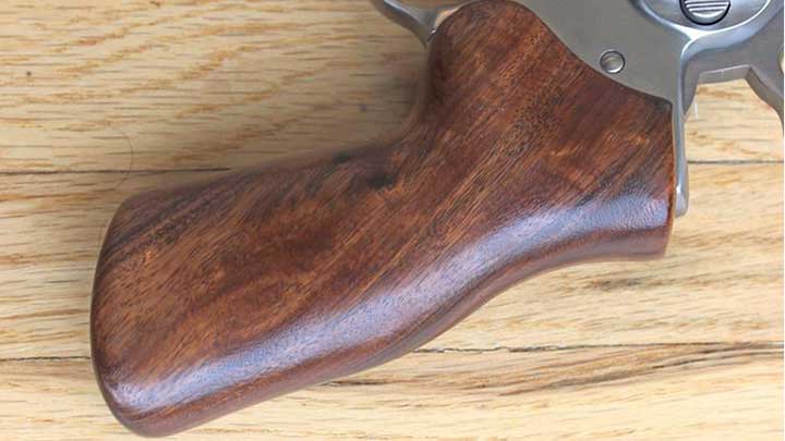 The Hogue one-piece wood grips that come with the Ruger GP100.