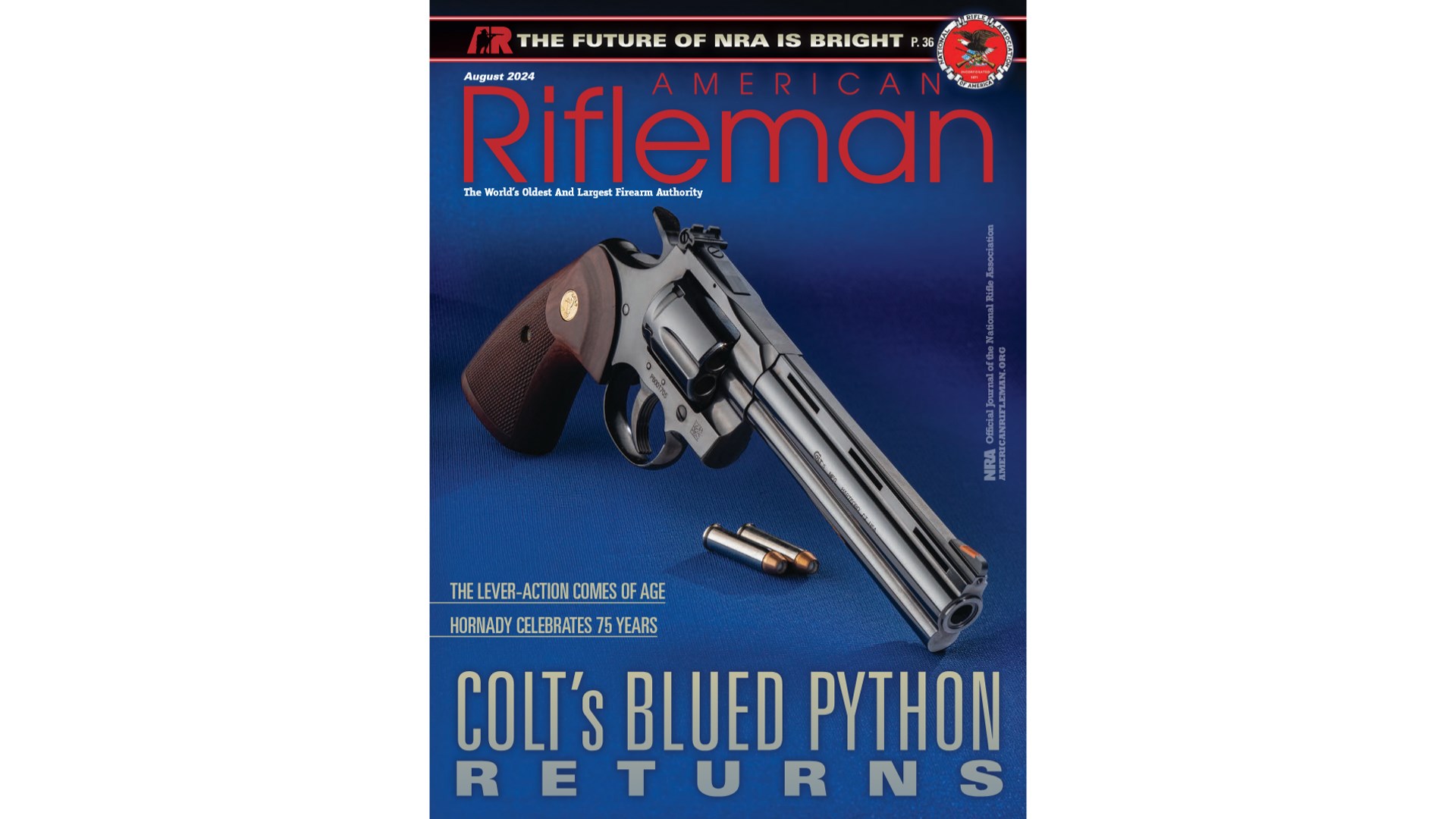 American Rifleman magazine cover art featuring Colt's Blued Python dynamic forward angle blue color background text on cover nra seal top right corner