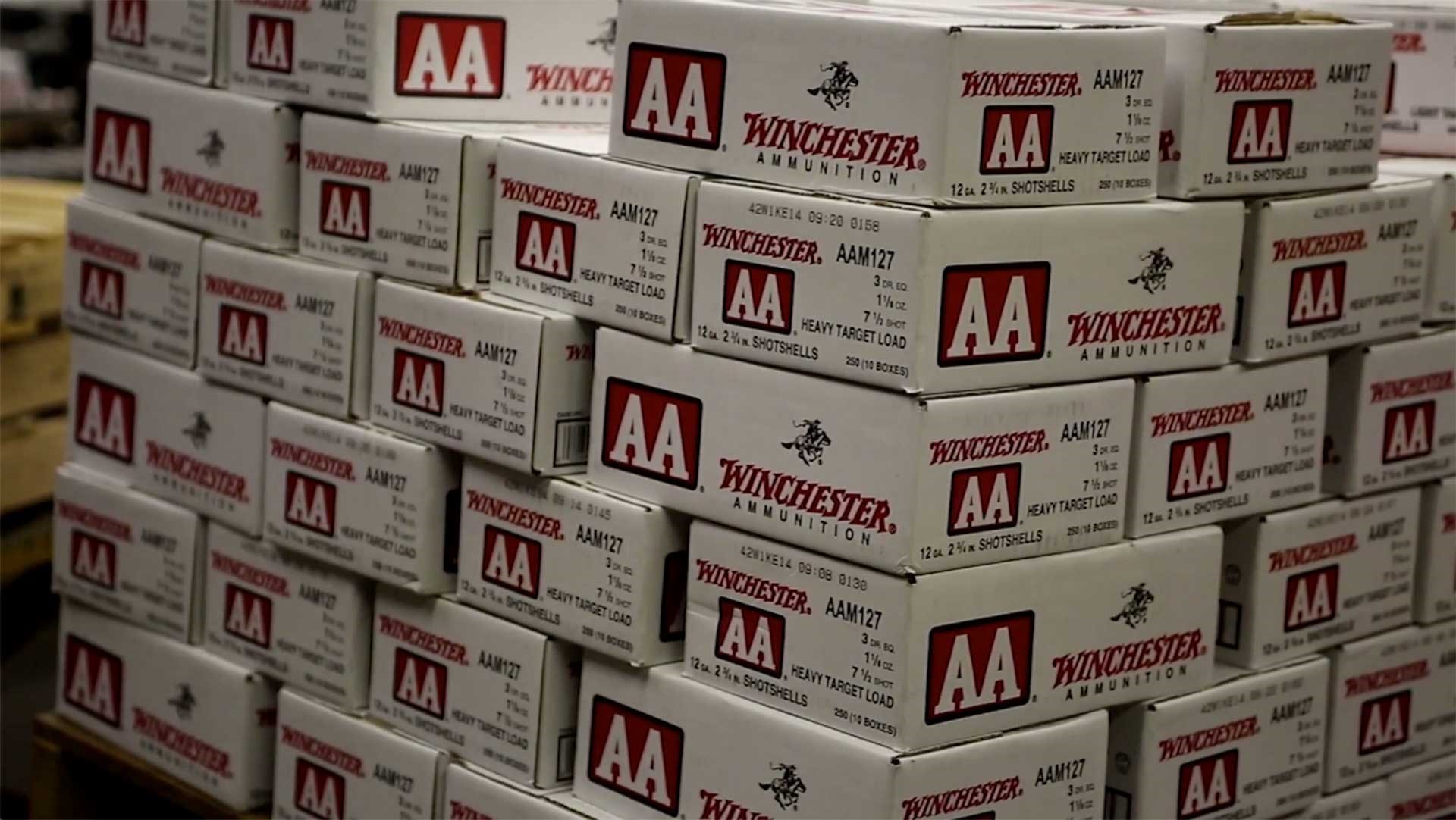 A pallet of white-box Winchester AA shotshells ready for shipment.