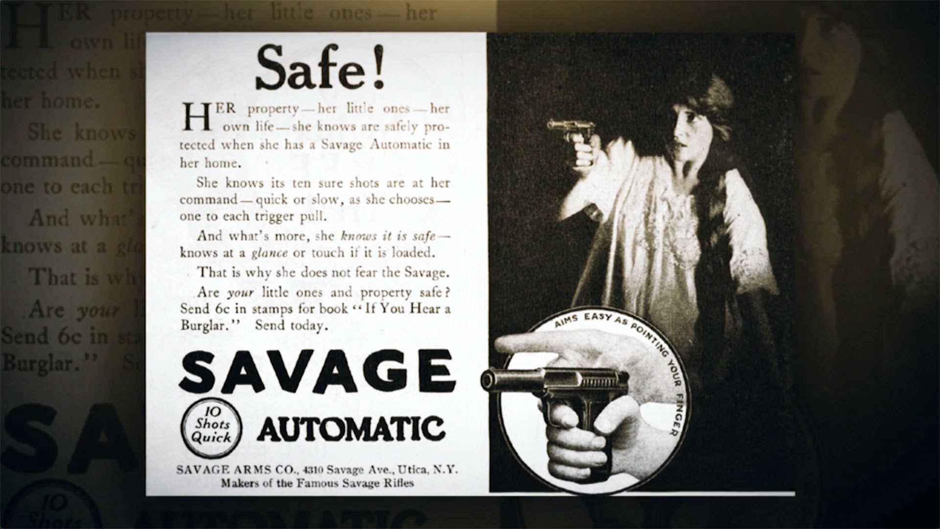 Savage Model 1907 ad showing a woman aiming a pistol at a burglar.