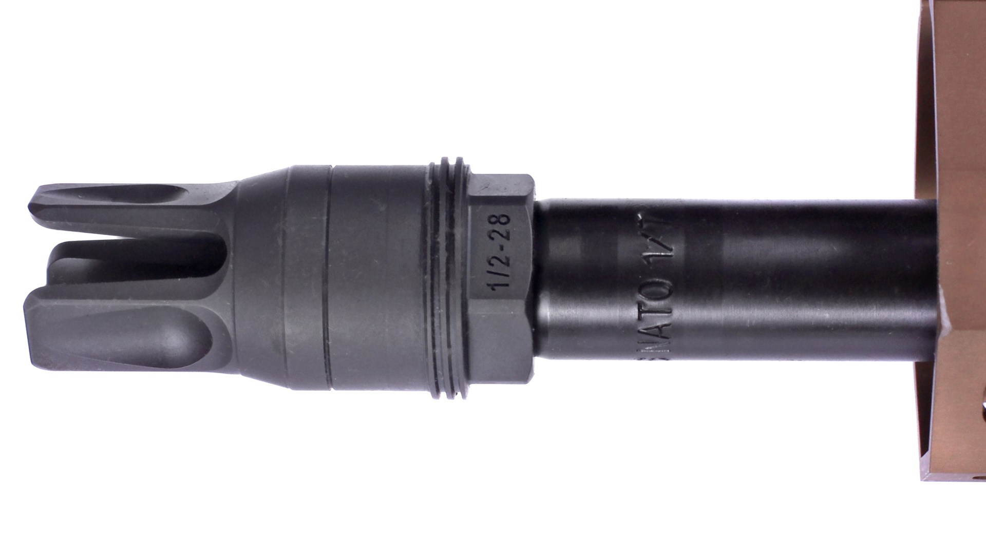 muzzle device and barrel assembly of sig sauer mcx spear lt rifle carbine gun parts closeup detail