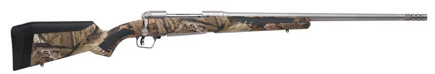 right side of camouflage and stainless steel shiny bolt action rifle on white background