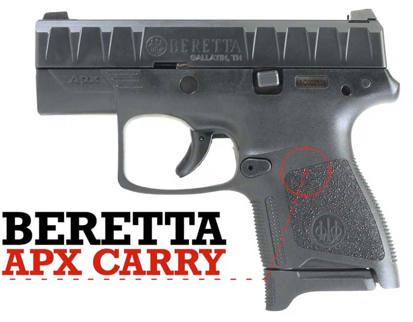 Left of Beretta APX Carry black pistol with text on image noting making and model