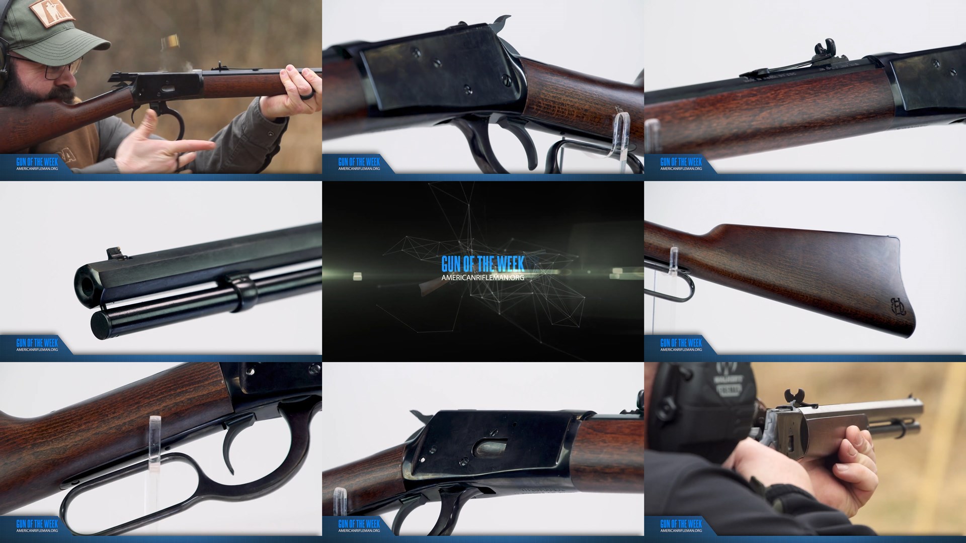 AMERICANRIFLEMAN.ORG GUN OF THE WEEK text center tile mosaic 9 image arrangement Heritage Manufacturing 92 lever-action rifle men shooting outdoors detail closeups of gun wood stock blued steel octogonal barrel semi-buckhorn sights